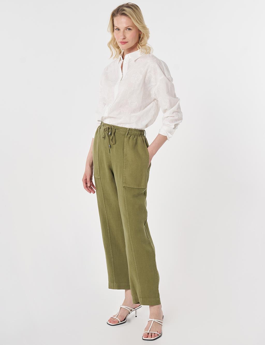 100% Linen Panel-Seamed Trousers Khaki