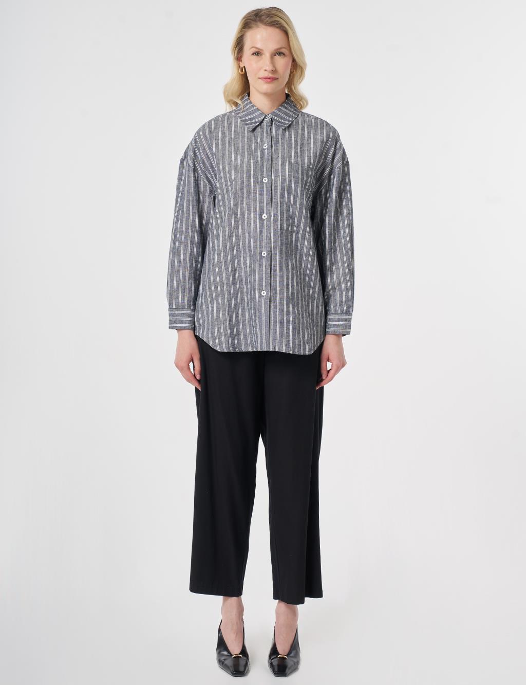 Single-Pocket Cotton Linen Tunic Dark Navy