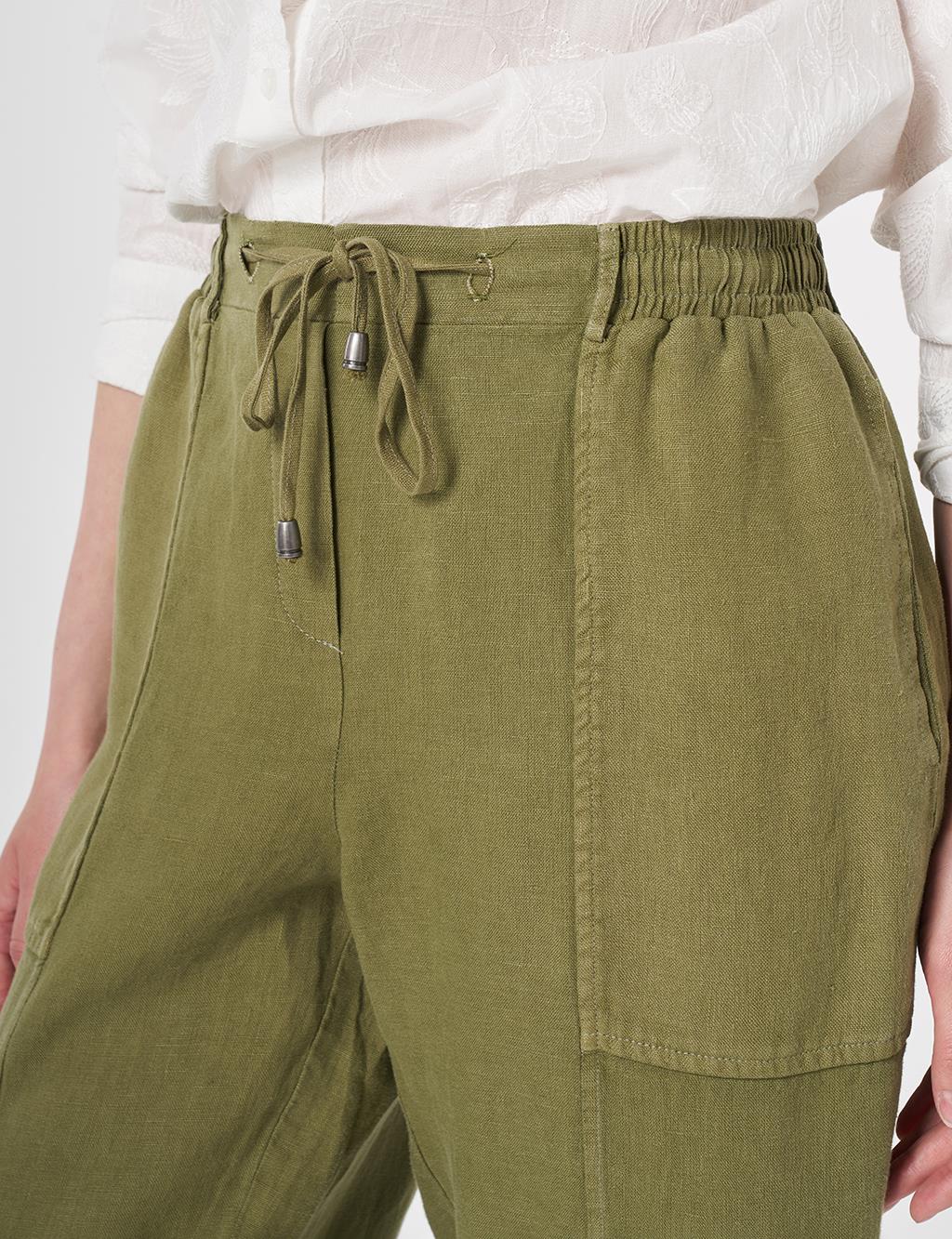 100% Linen Panel-Seamed Trousers Khaki