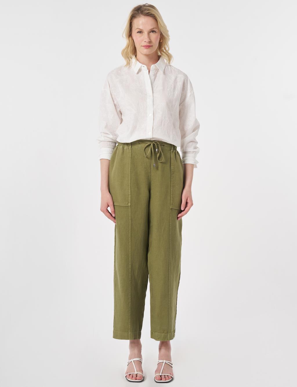 100% Linen Panel-Seamed Trousers Khaki