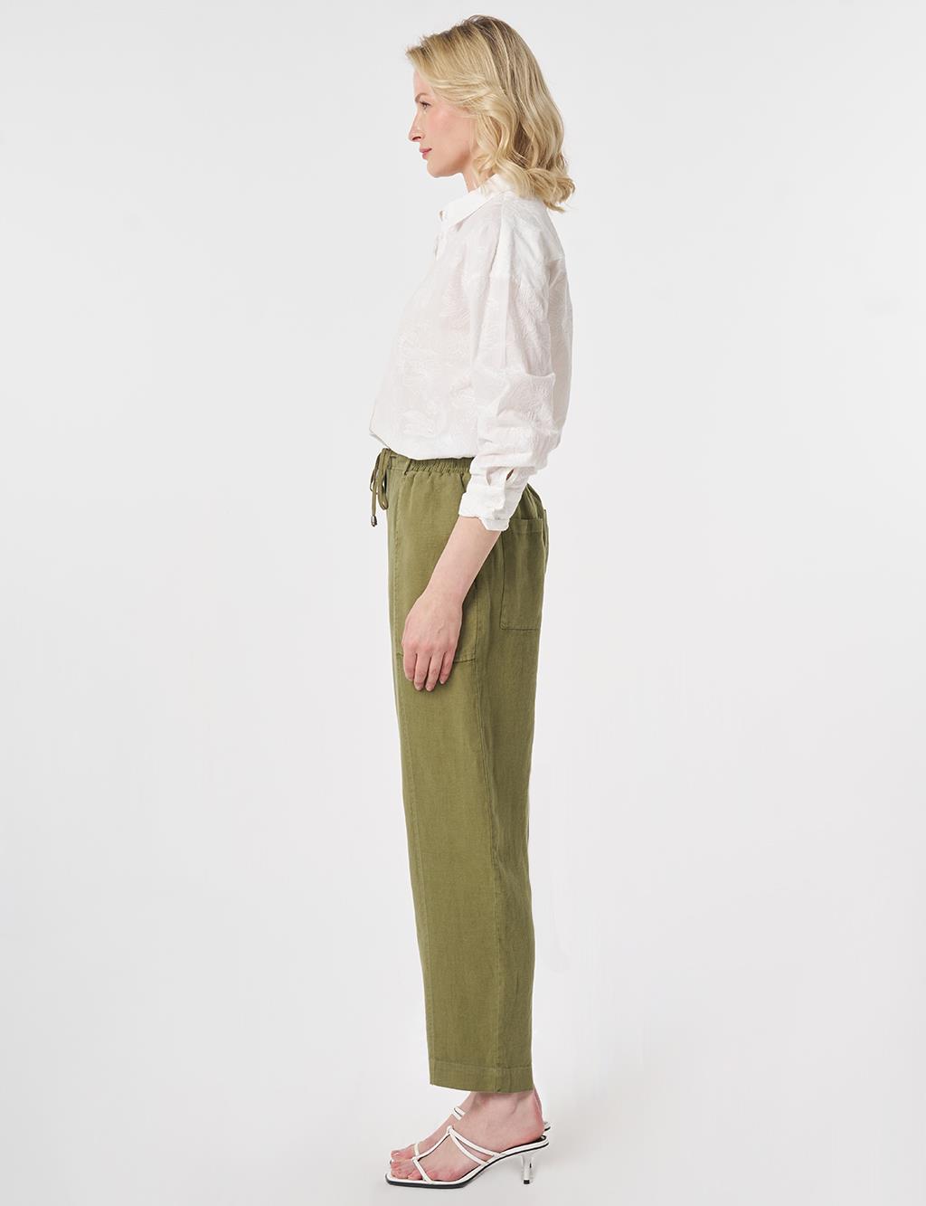100% Linen Panel-Seamed Trousers Khaki