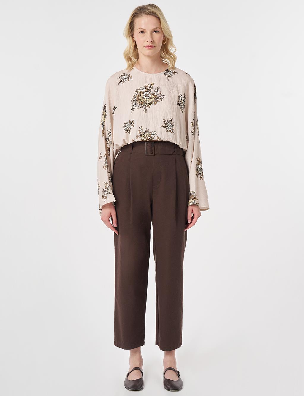Belt-Detail Viscose Trousers Brown