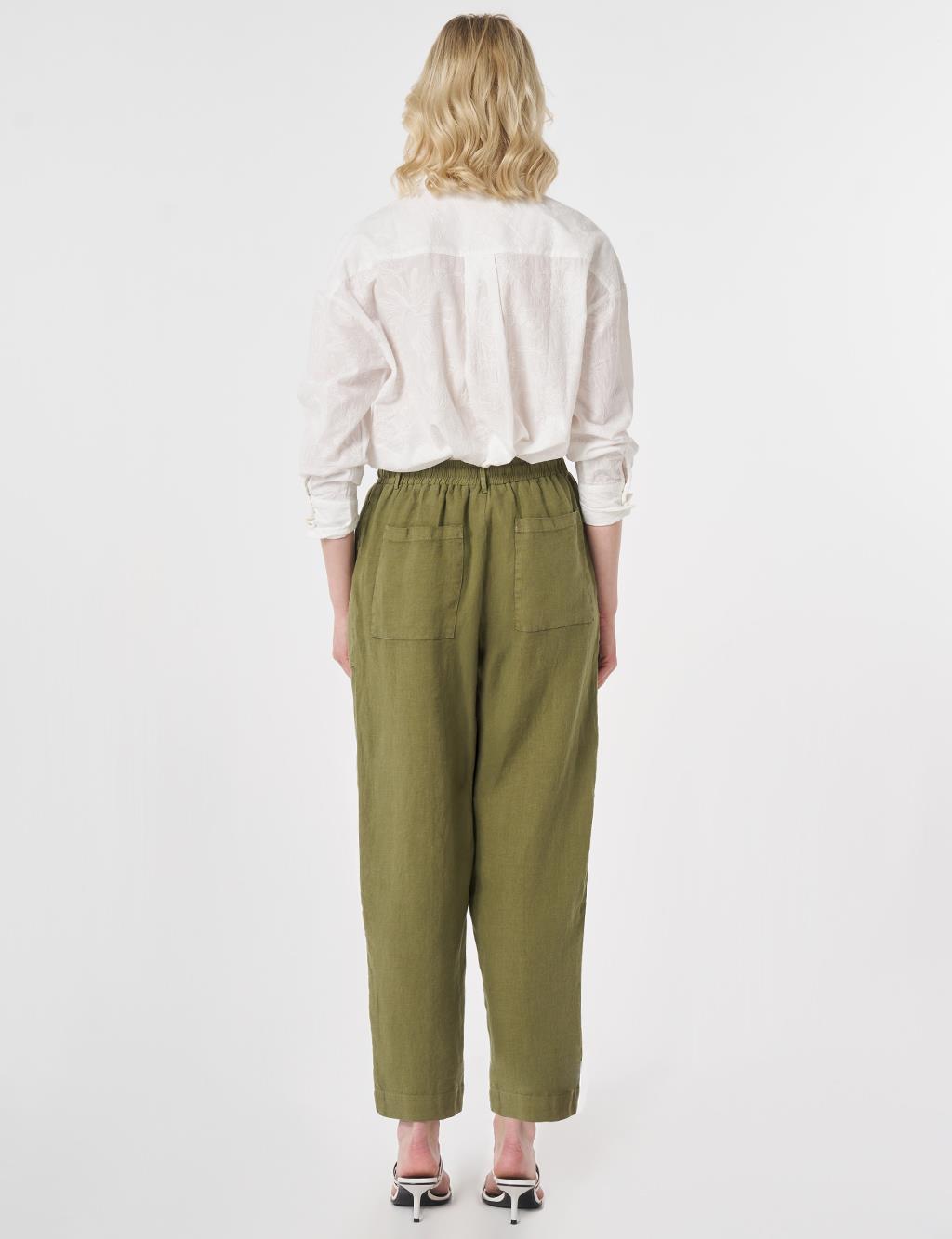 100% Linen Panel-Seamed Trousers Khaki