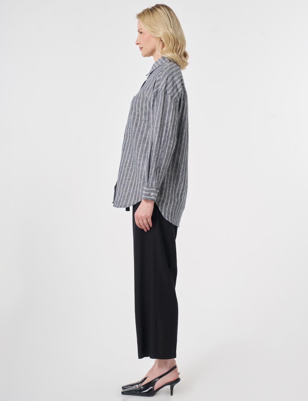 Single-Pocket Cotton Linen Tunic Dark Navy