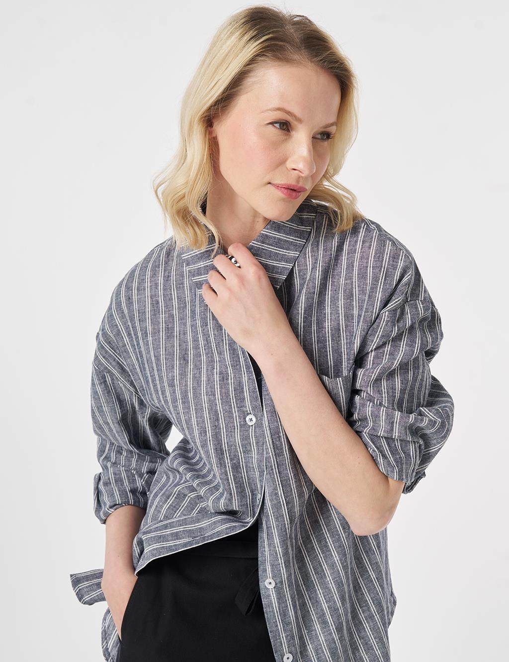 Single-Pocket Cotton Linen Tunic Dark Navy
