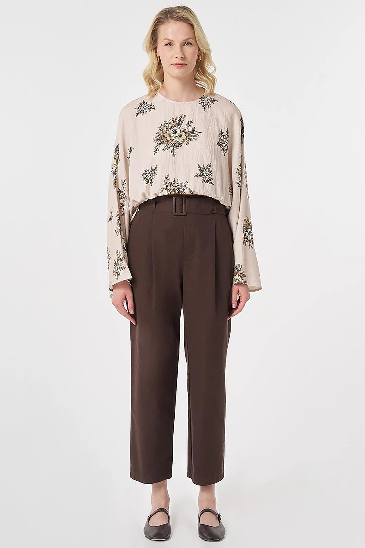 Belt-Detail Viscose Trousers Brown