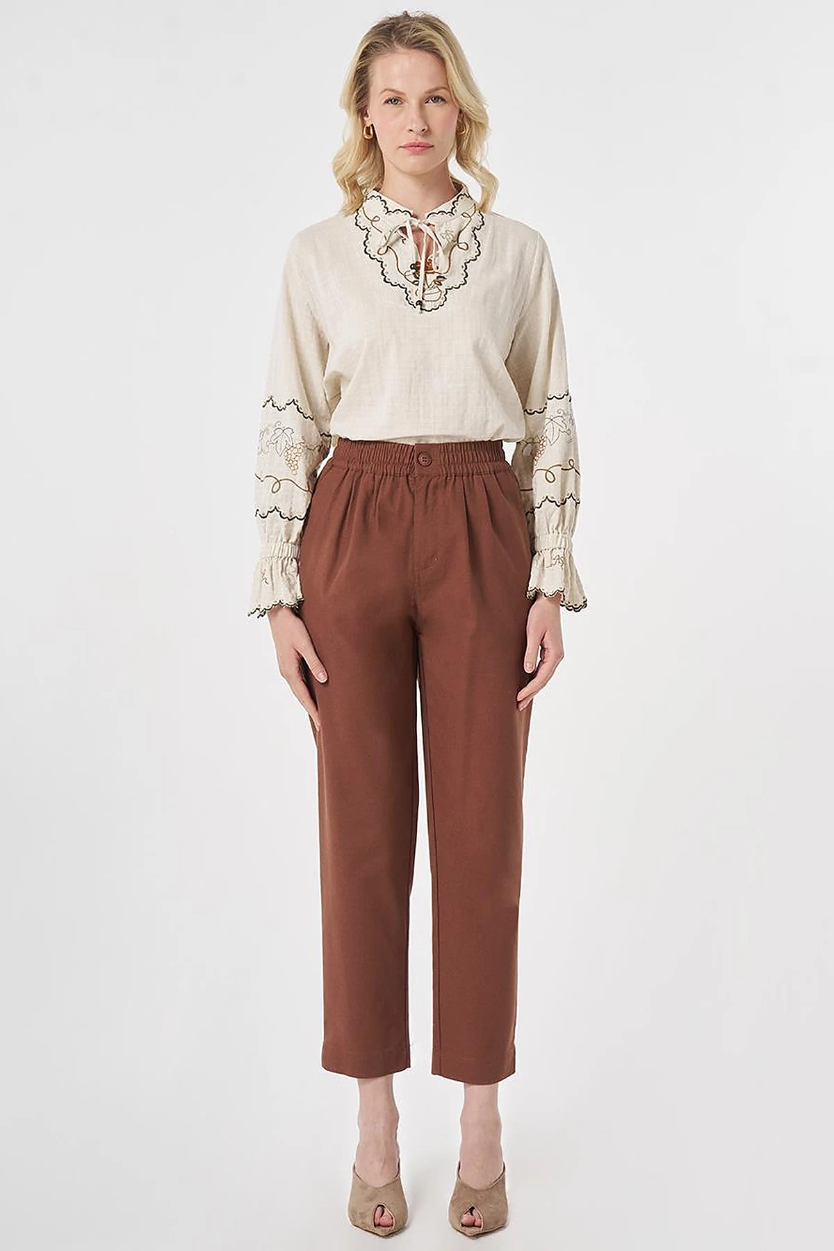 Pleated Rayon Pants Brown