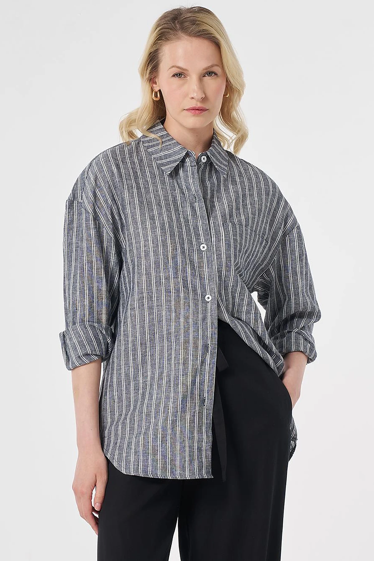 Single-Pocket Cotton Linen Tunic Dark Navy