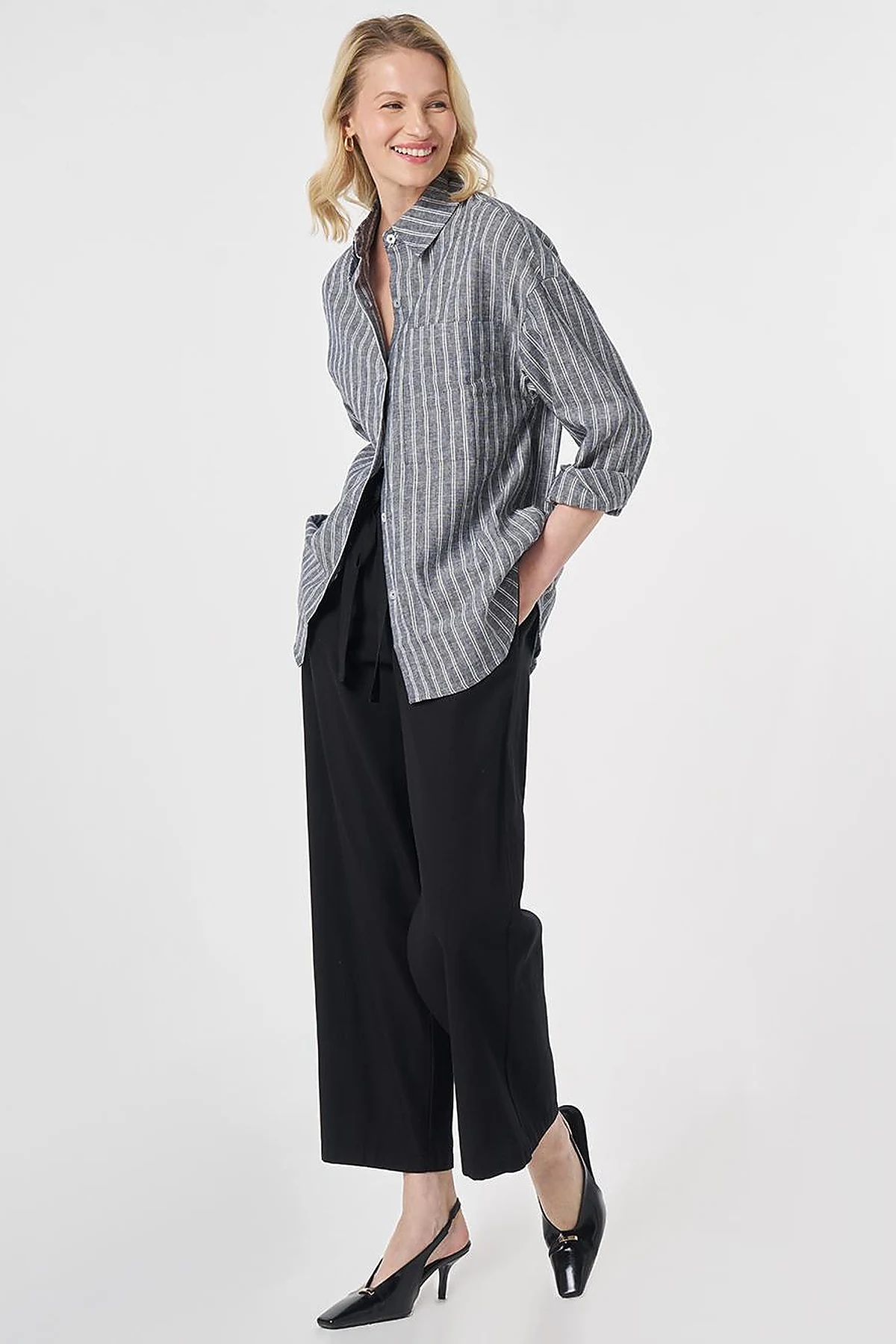 Single-Pocket Cotton Linen Tunic Dark Navy
