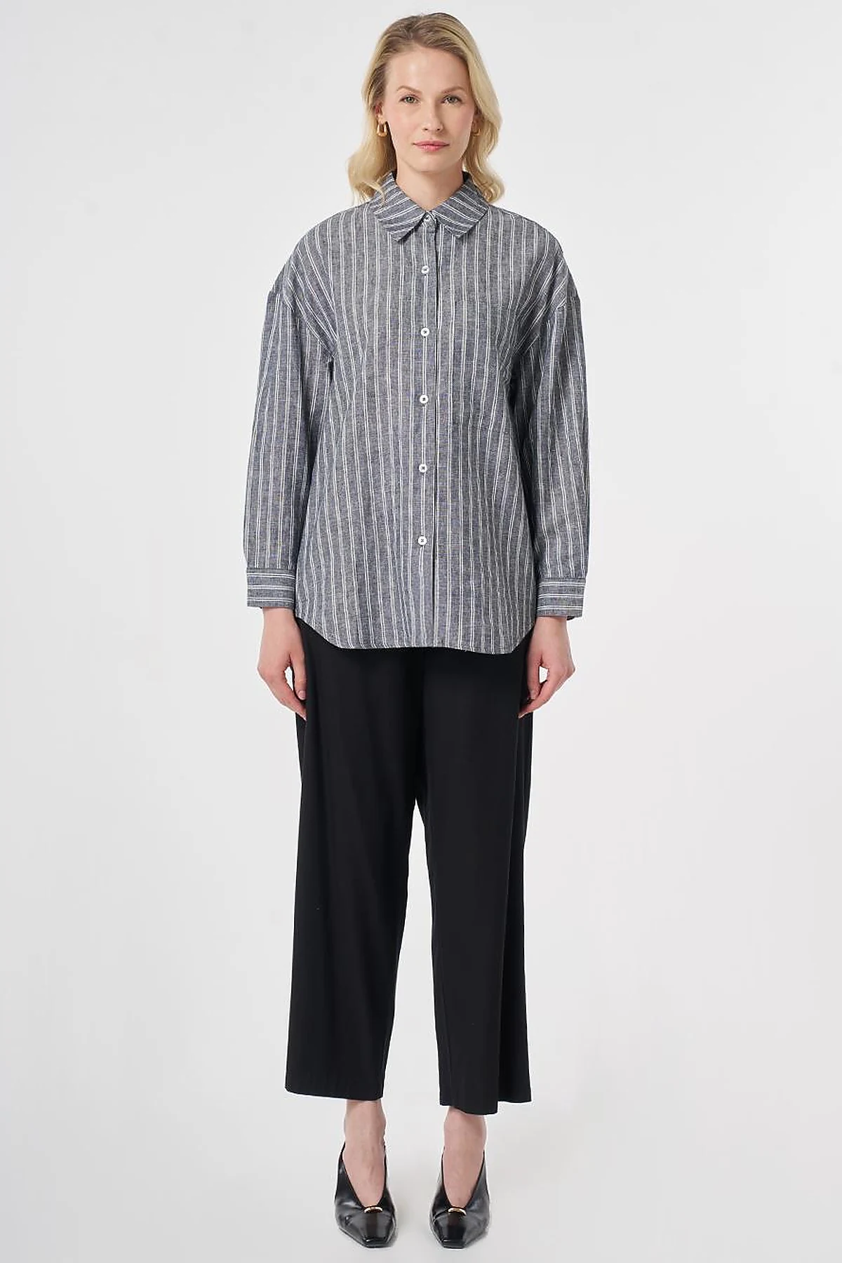 Single-Pocket Cotton Linen Tunic Dark Navy