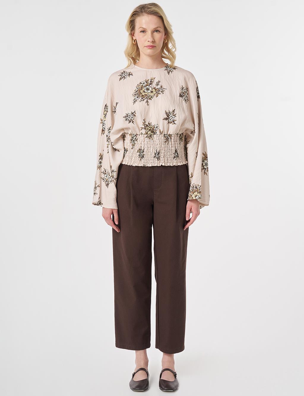 Smocked Stitched Patterned Viscose Blouse Cream