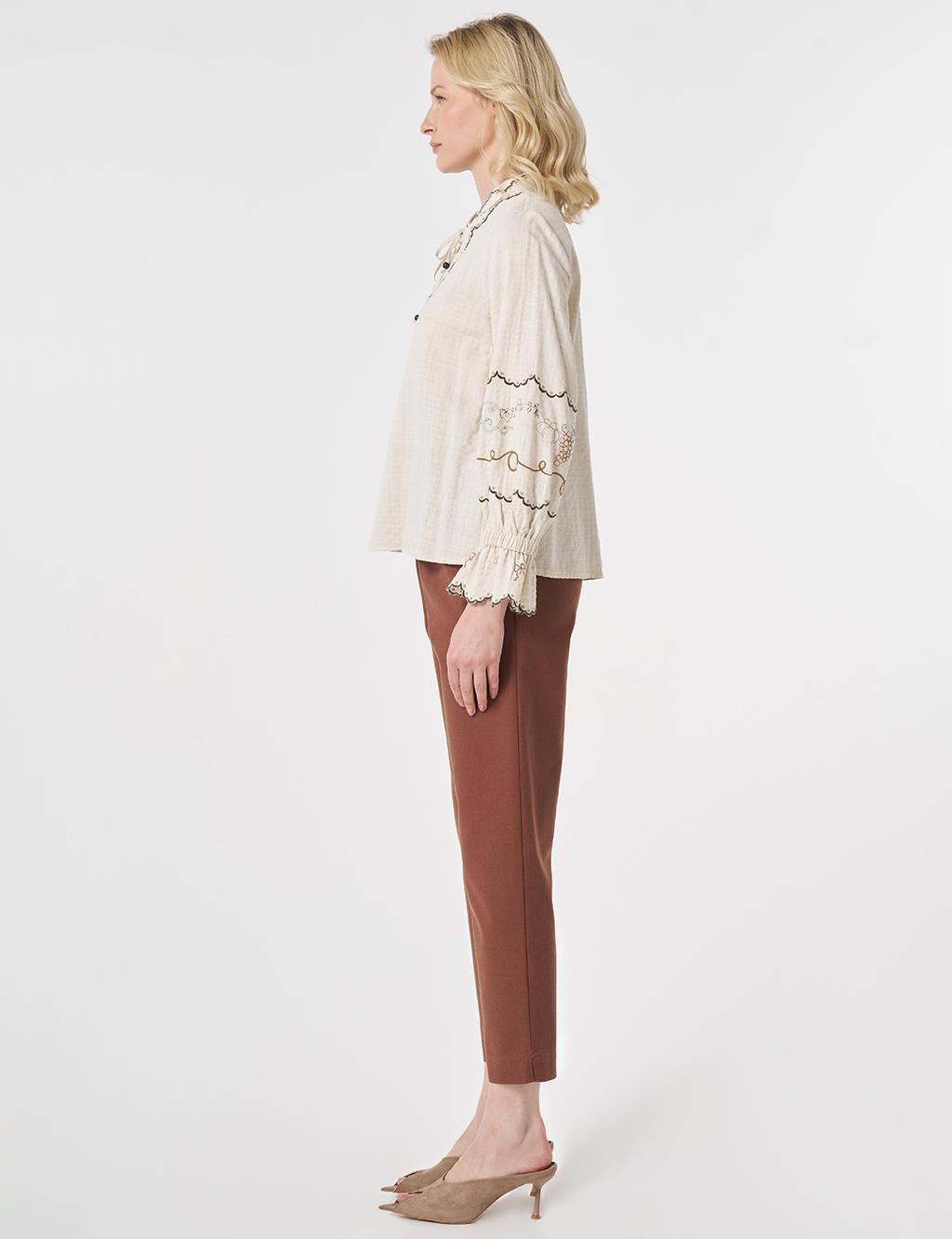Tie-Neck Ethnic Patterned Blouse Cream