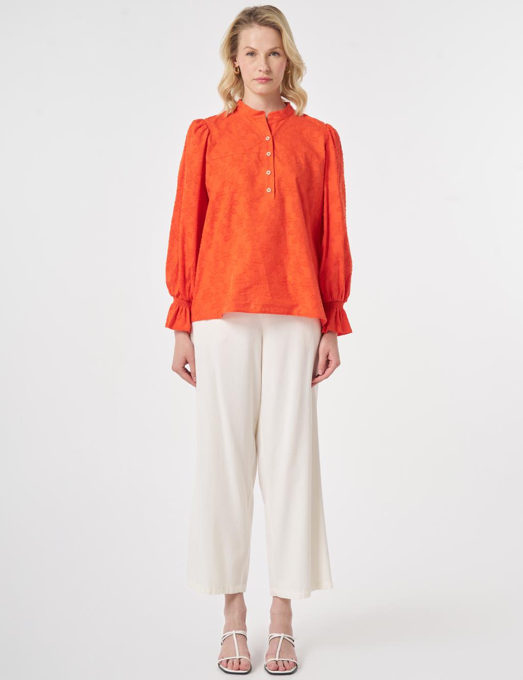 100% Cotton Floral Pattern Blouse Coral