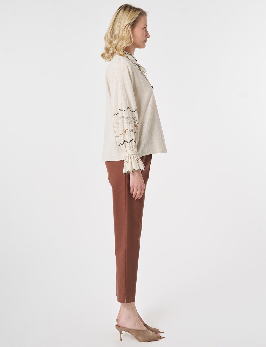 Tie-Neck Ethnic Patterned Blouse Cream