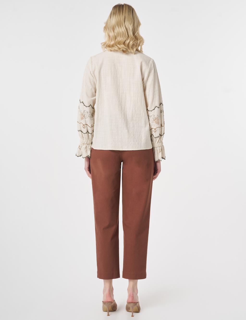 Tie-Neck Ethnic Patterned Blouse Cream