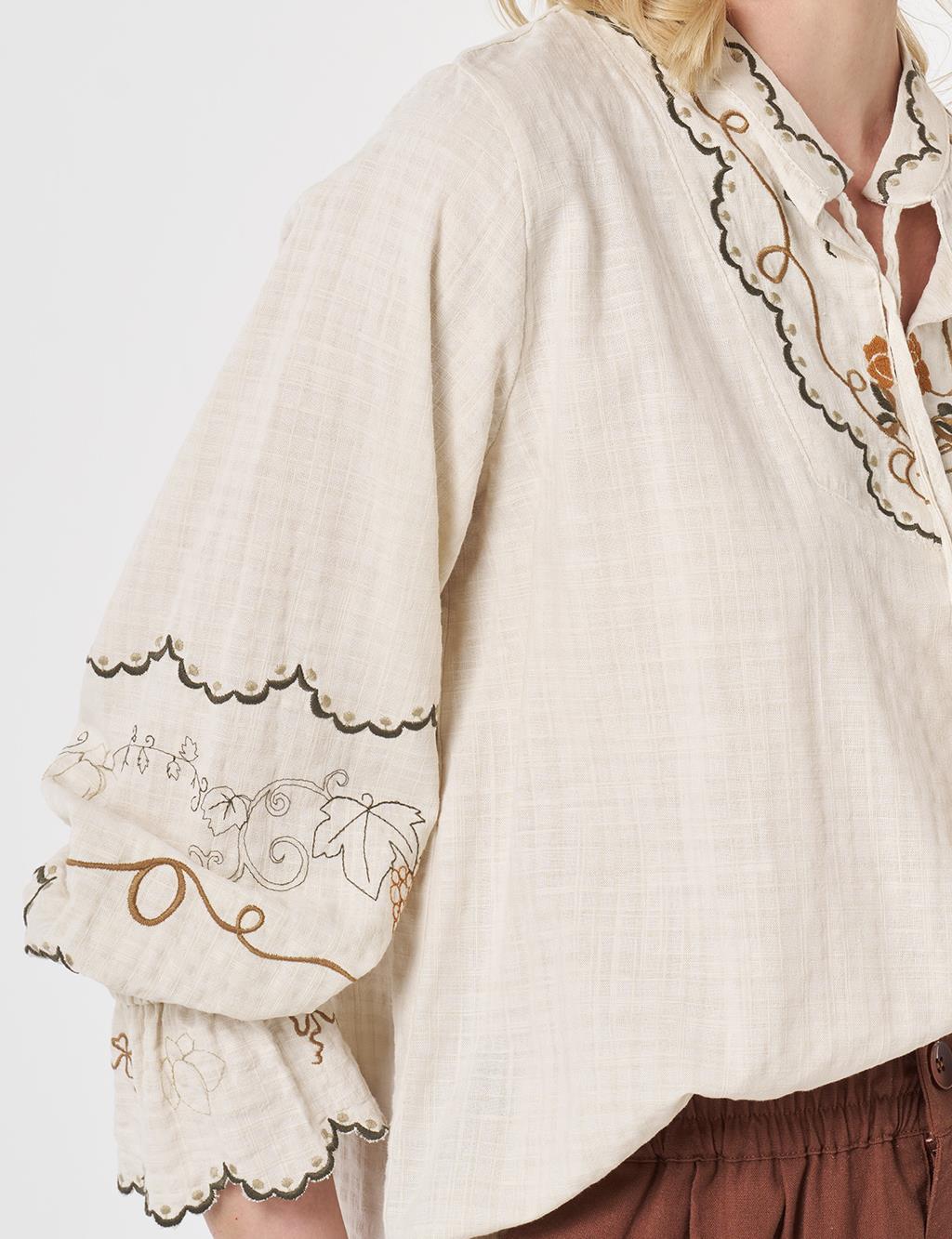 Tie-Neck Ethnic Patterned Blouse Cream
