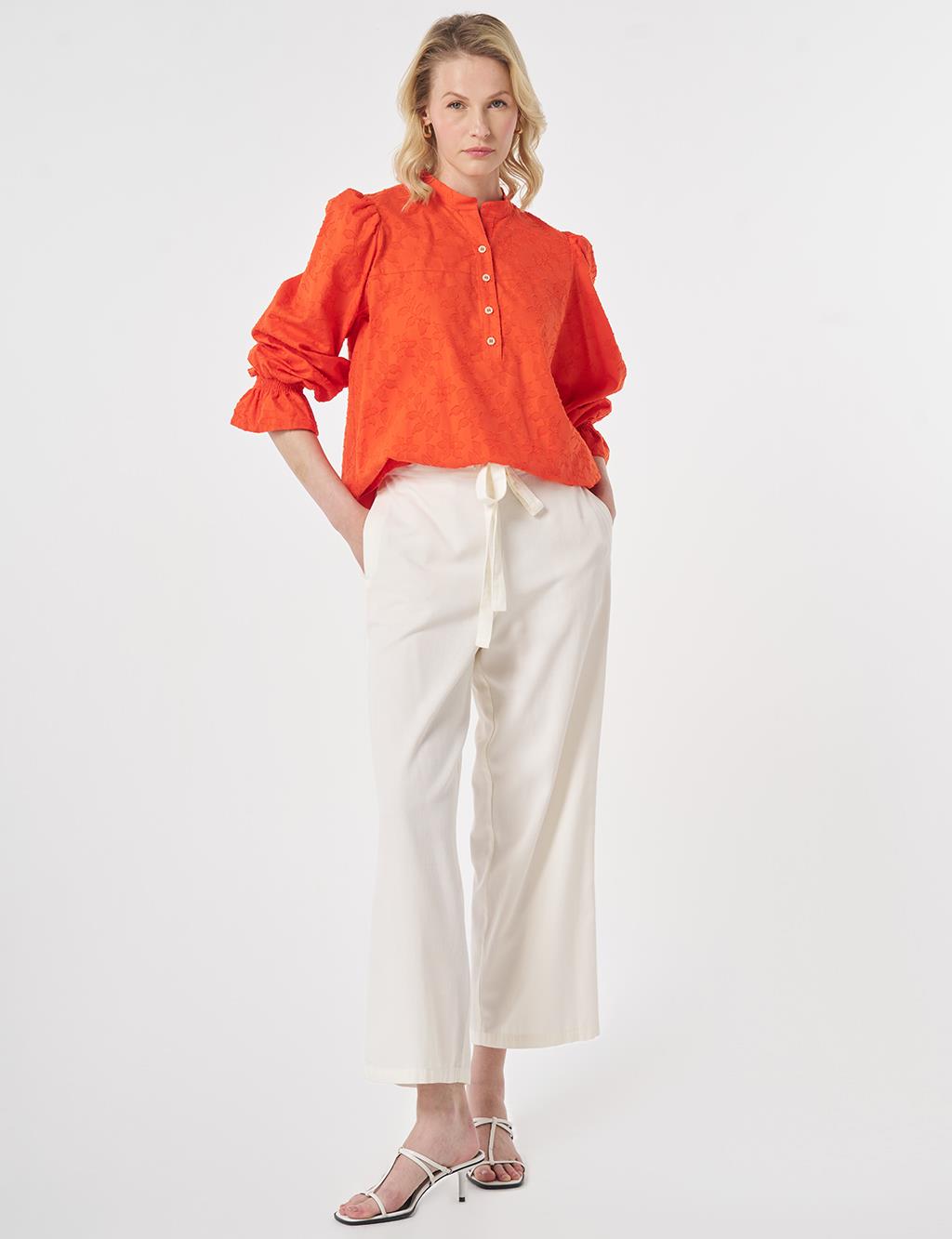 100% Cotton Floral Pattern Blouse Coral