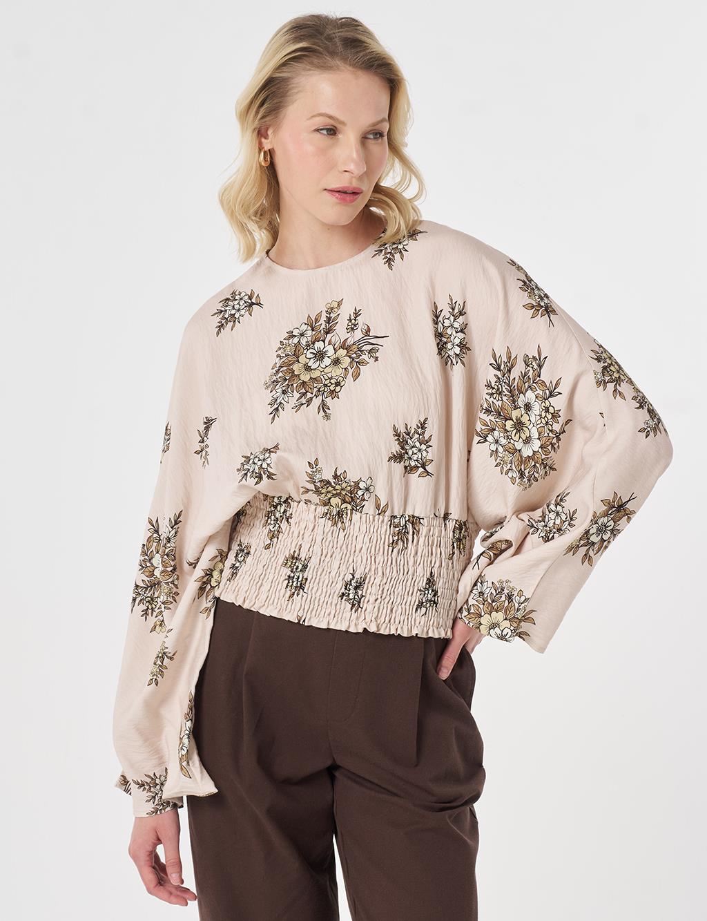 Smocked Stitched Patterned Viscose Blouse Cream