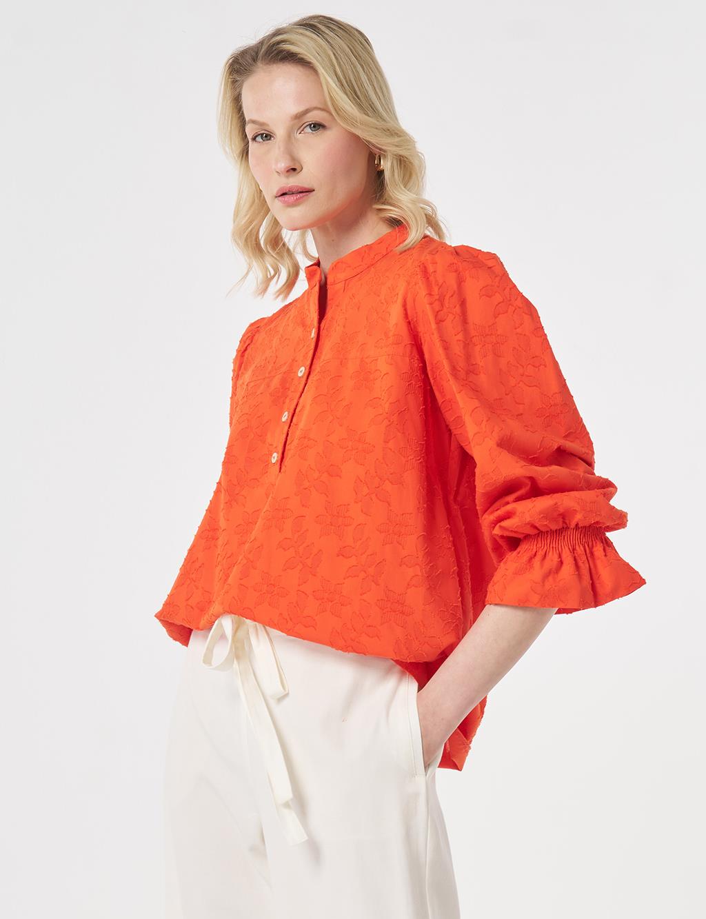 100% Cotton Floral Pattern Blouse Coral