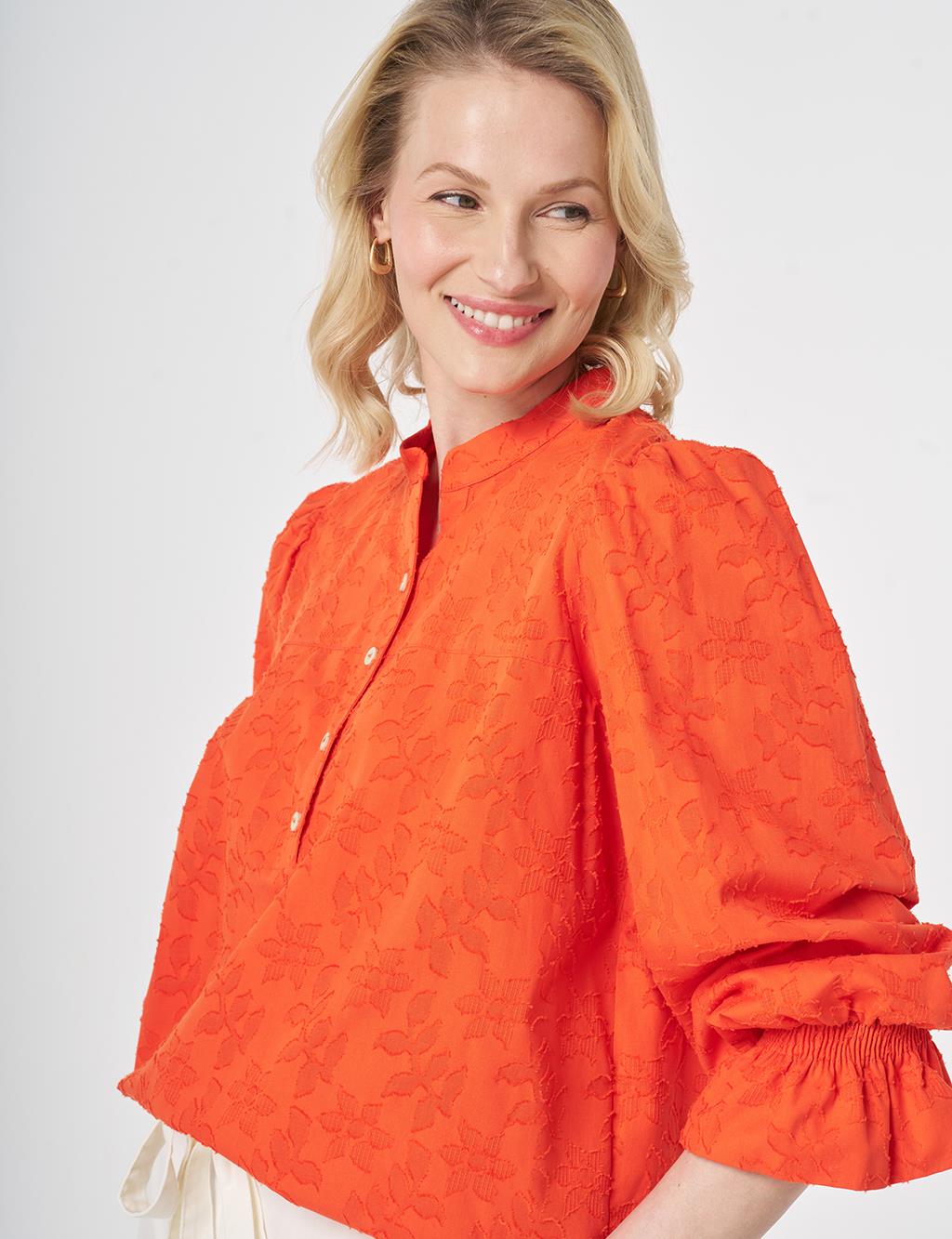100% Cotton Floral Pattern Blouse Coral