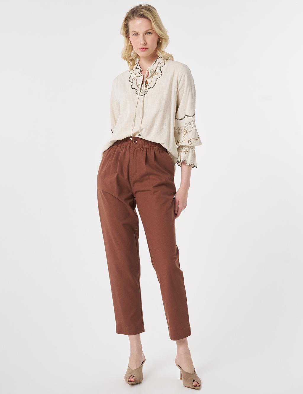 Tie-Neck Ethnic Patterned Blouse Cream