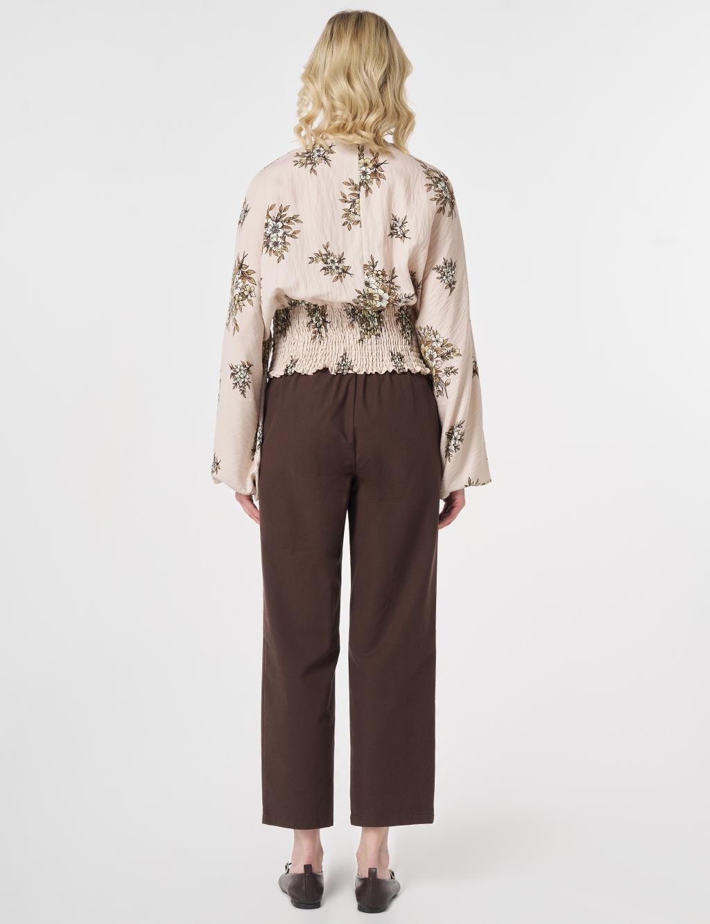 Smocked Stitched Patterned Viscose Blouse Cream