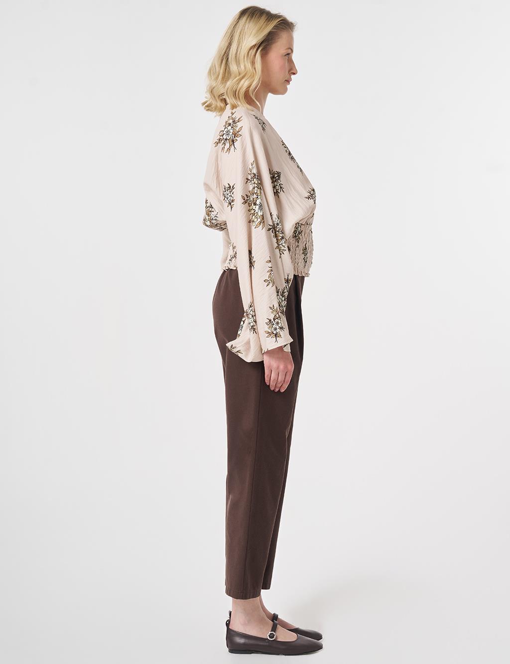 Smocked Stitched Patterned Viscose Blouse Cream