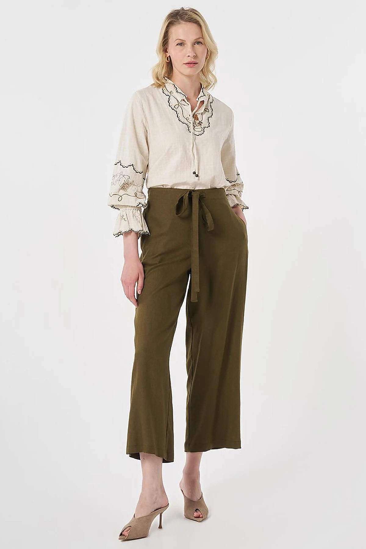 Tie-Detail Linen Lyocell Pants Dark Khaki