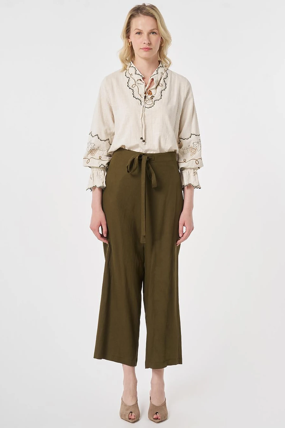 Tie-Detail Linen Lyocell Pants Dark Khaki