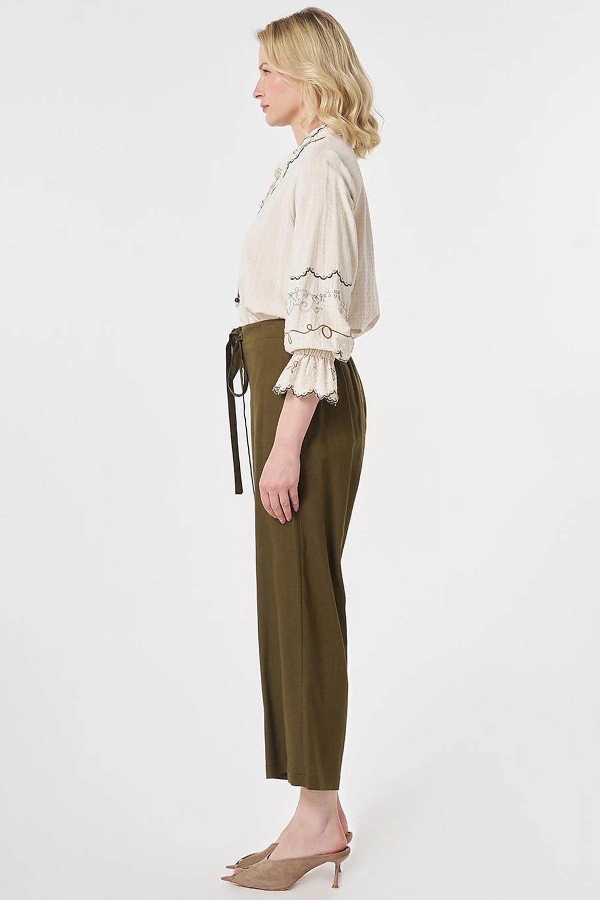 Tie-Detail Linen Lyocell Pants Dark Khaki