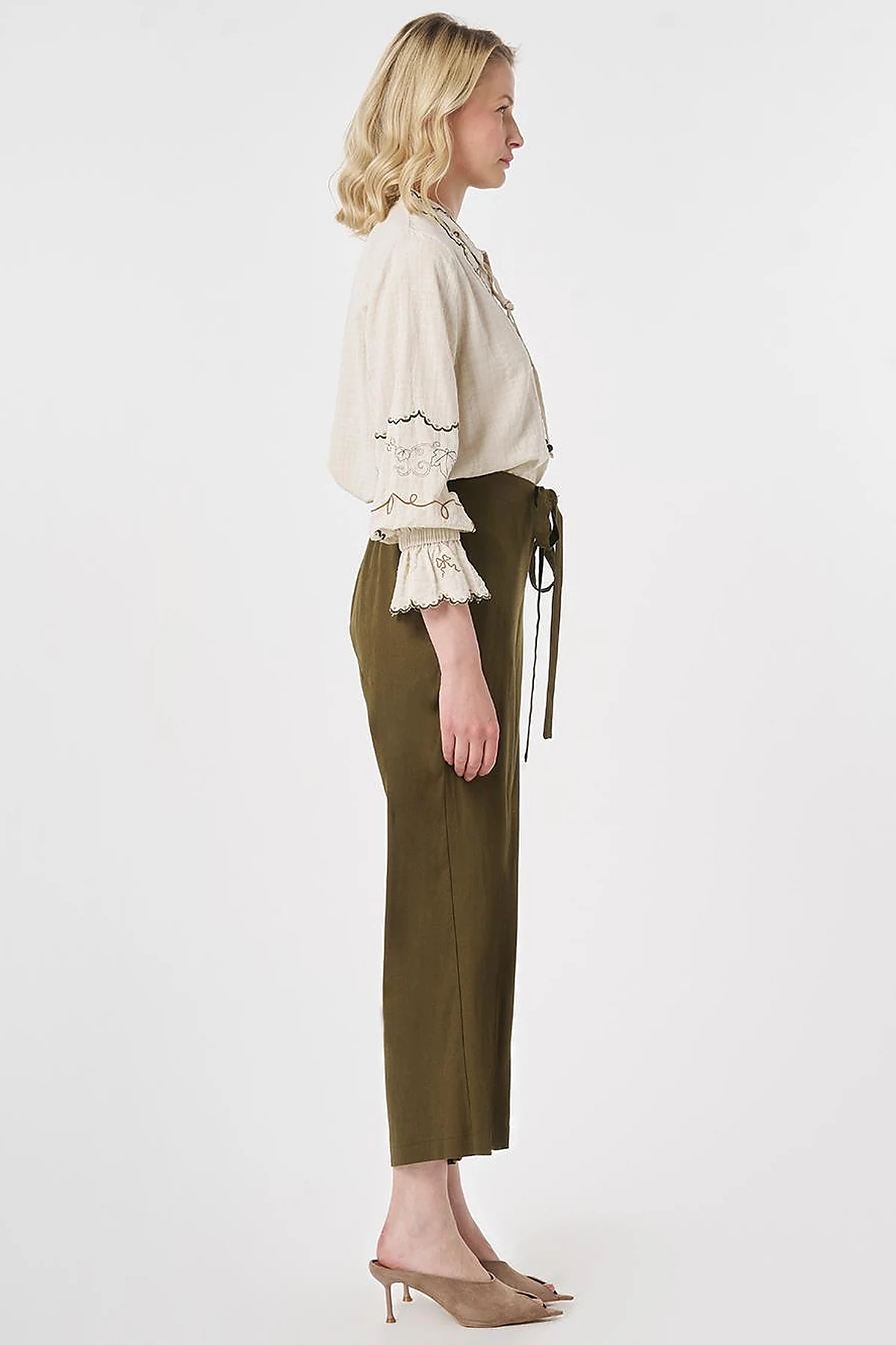 Tie-Detail Linen Lyocell Pants Dark Khaki