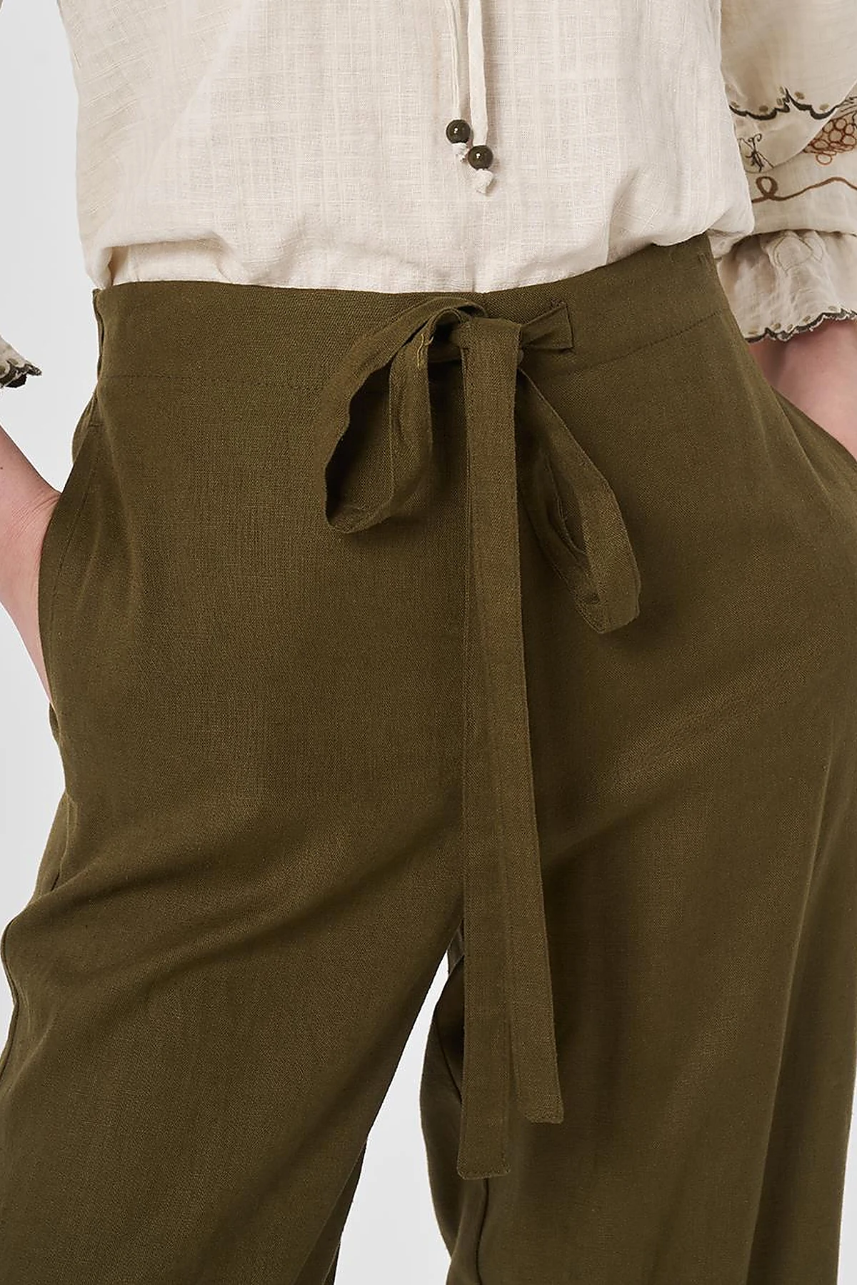 Tie-Detail Linen Lyocell Pants Dark Khaki