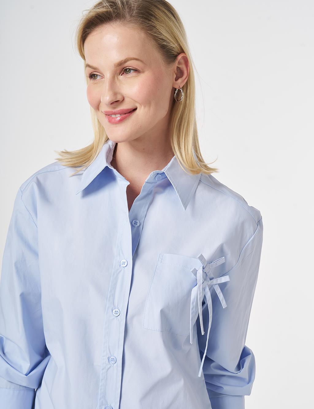 100% Cotton Bow-Detail Blouse Blue