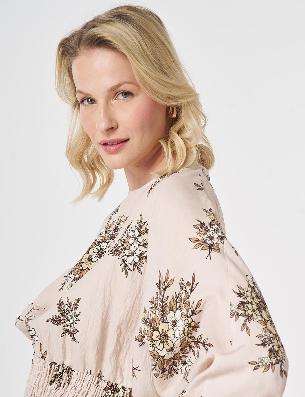 Smocked Stitched Patterned Viscose Blouse Cream