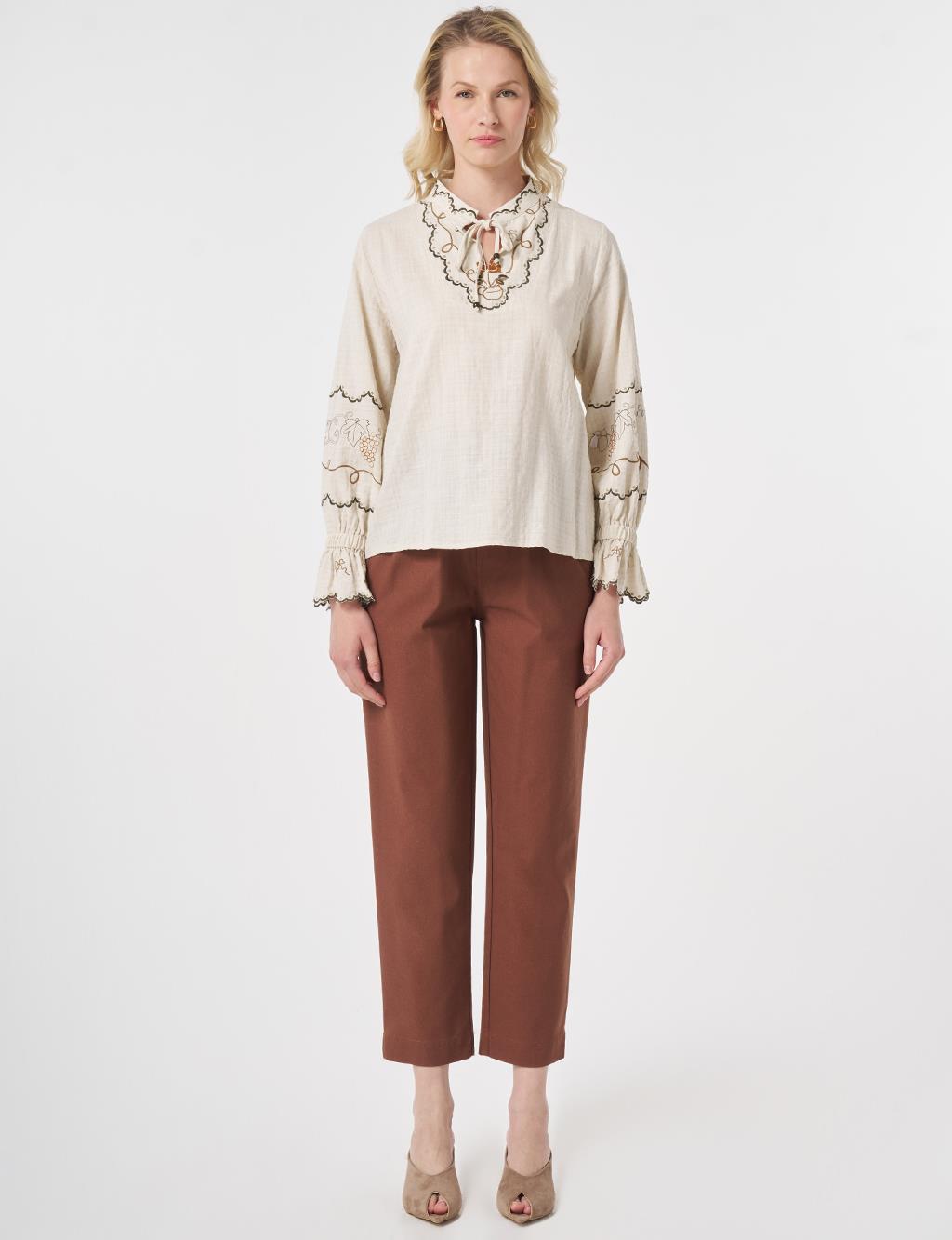 Tie-Neck Ethnic Patterned Blouse Cream