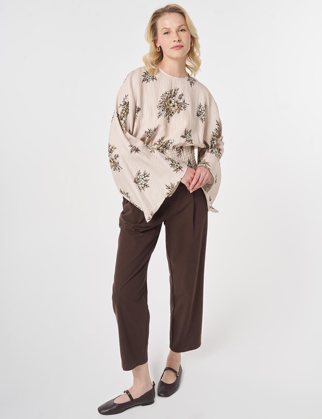 Smocked Stitched Patterned Viscose Blouse Cream