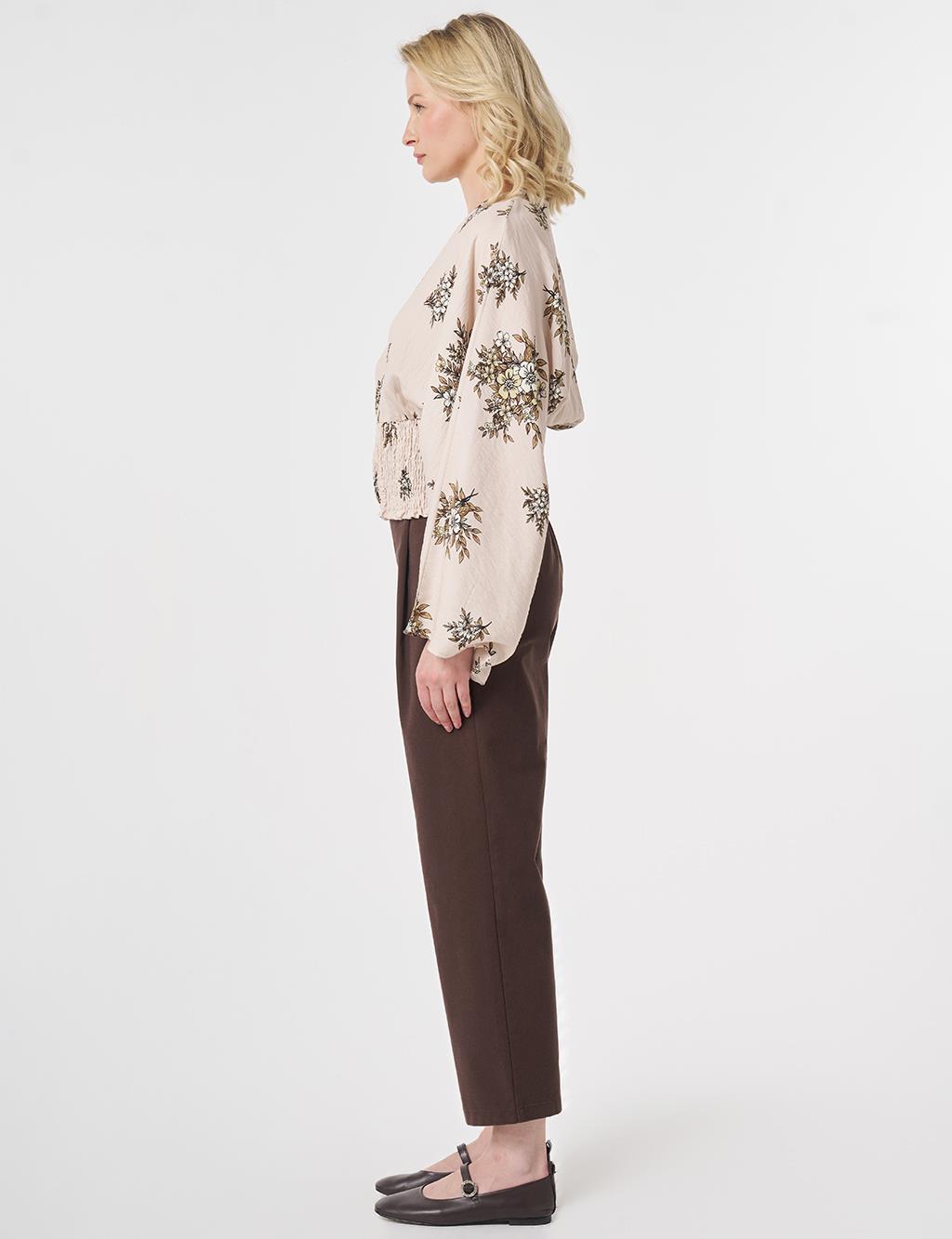 Smocked Stitched Patterned Viscose Blouse Cream