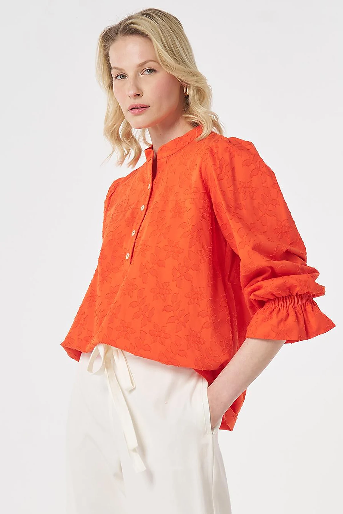 %100 Pamuklu Floral Desen Bluz Mercan 