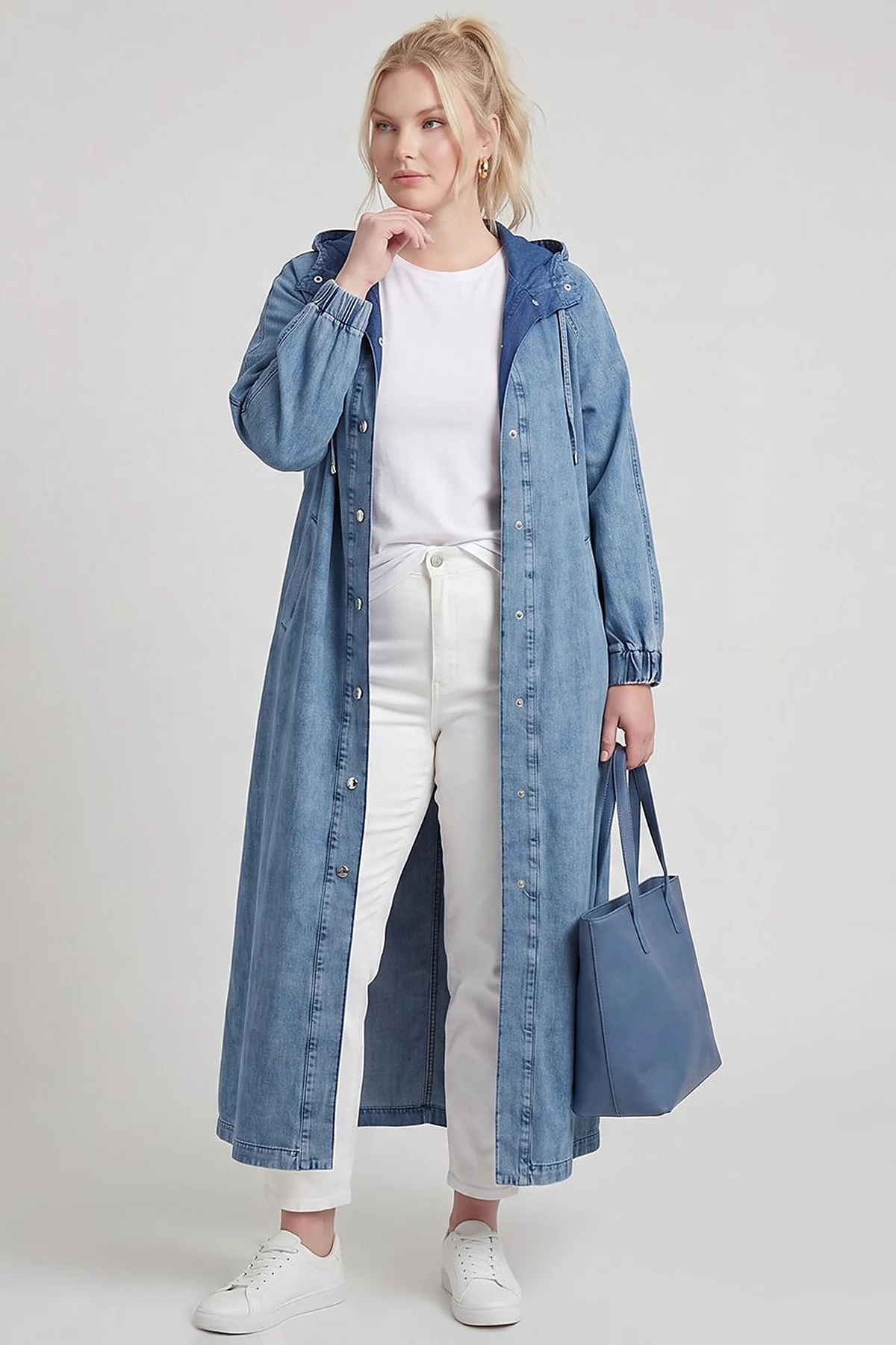 Hooded Denim Throw-On Jacket Blue
