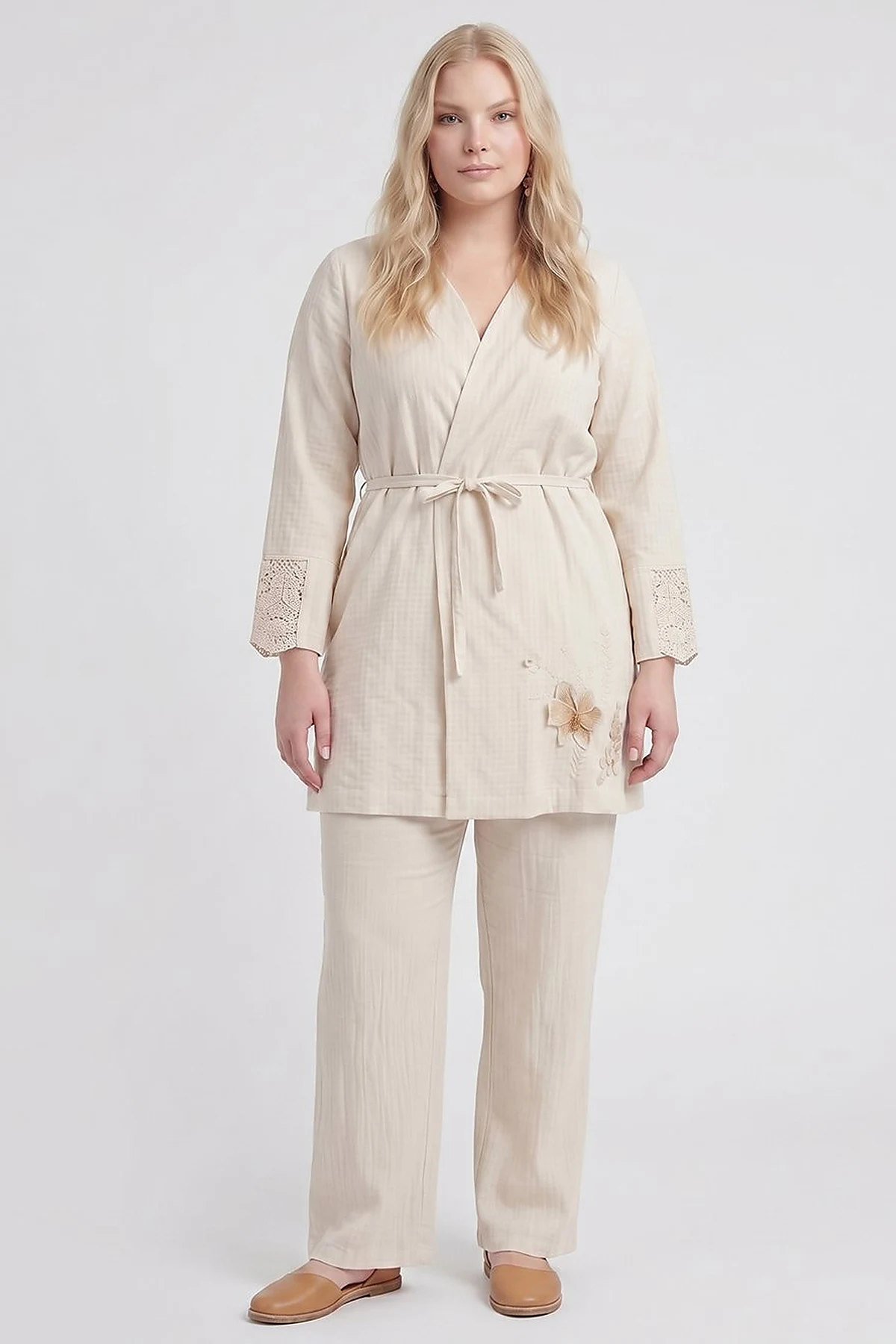 Belted Textured Throw-On Cream