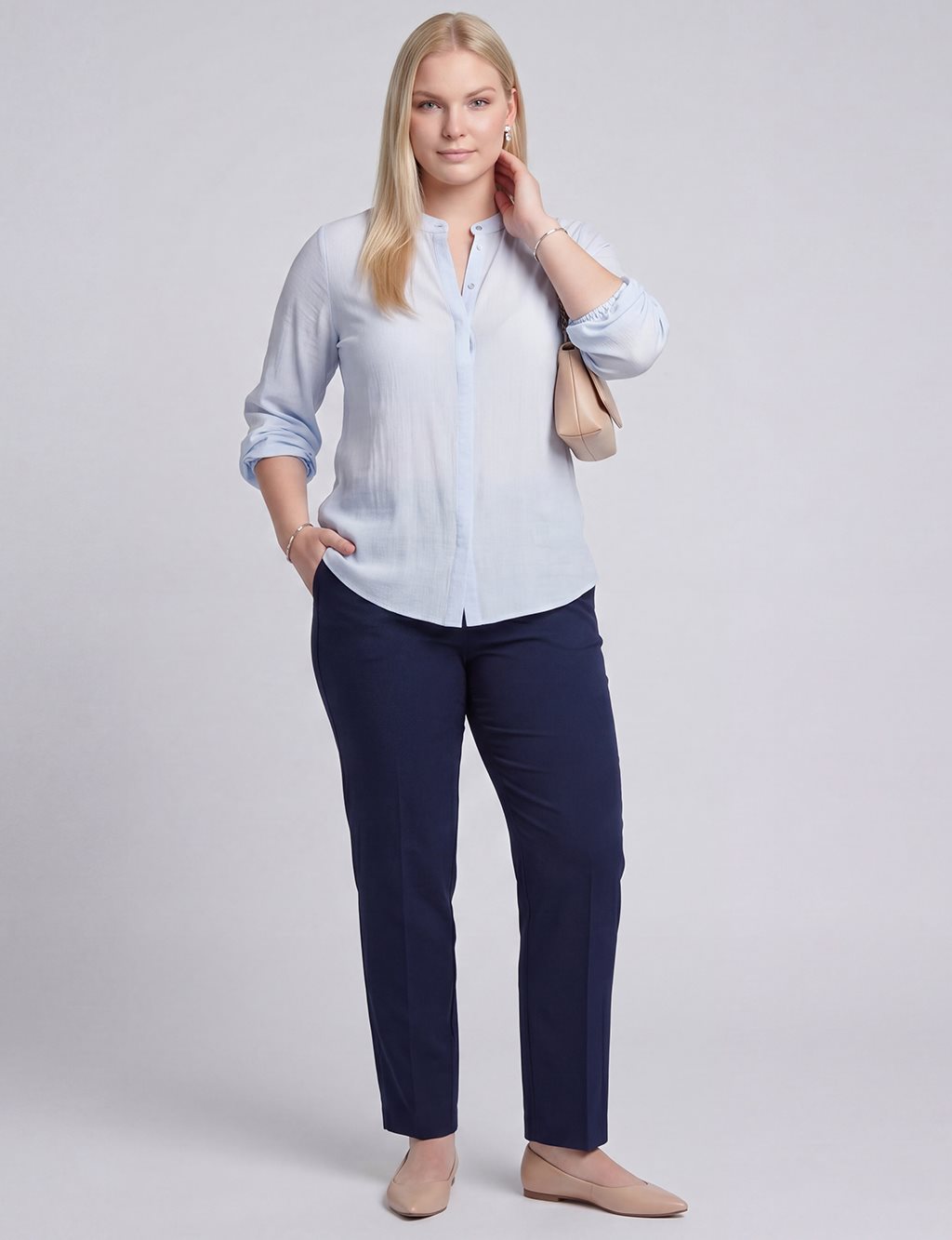 Mandarin Collar Viscose Blouse Light Blue