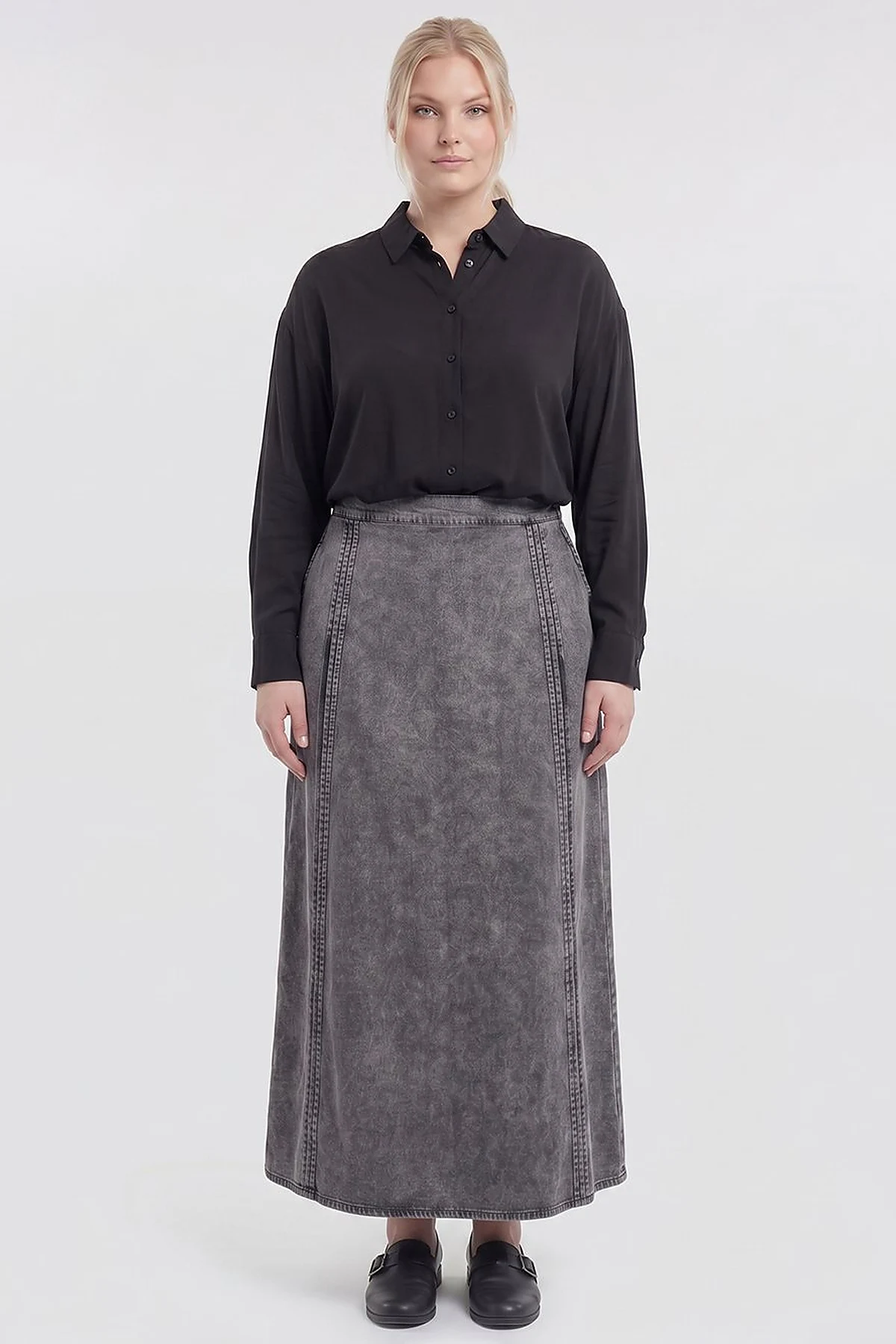 Stitch Detail Denim Skirt Anthracite