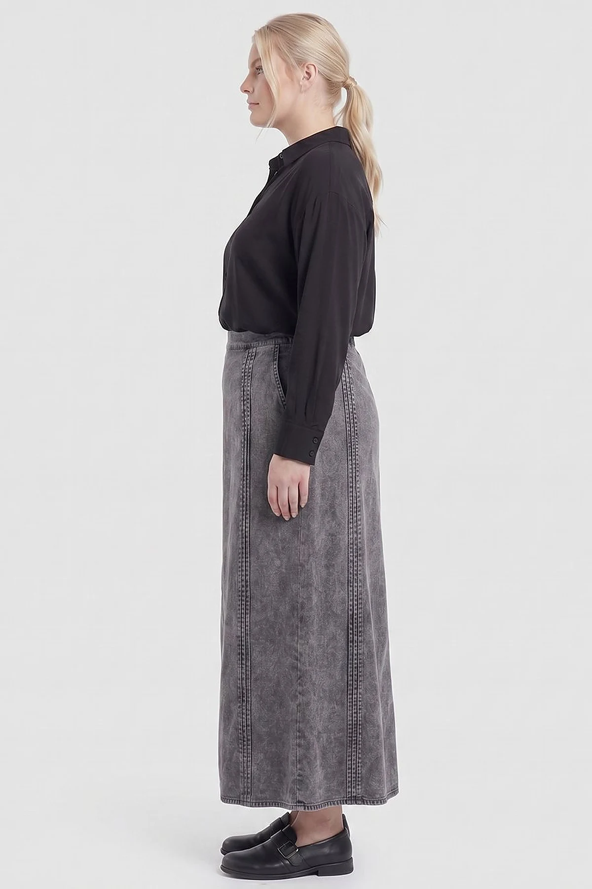 Stitch Detail Denim Skirt Anthracite