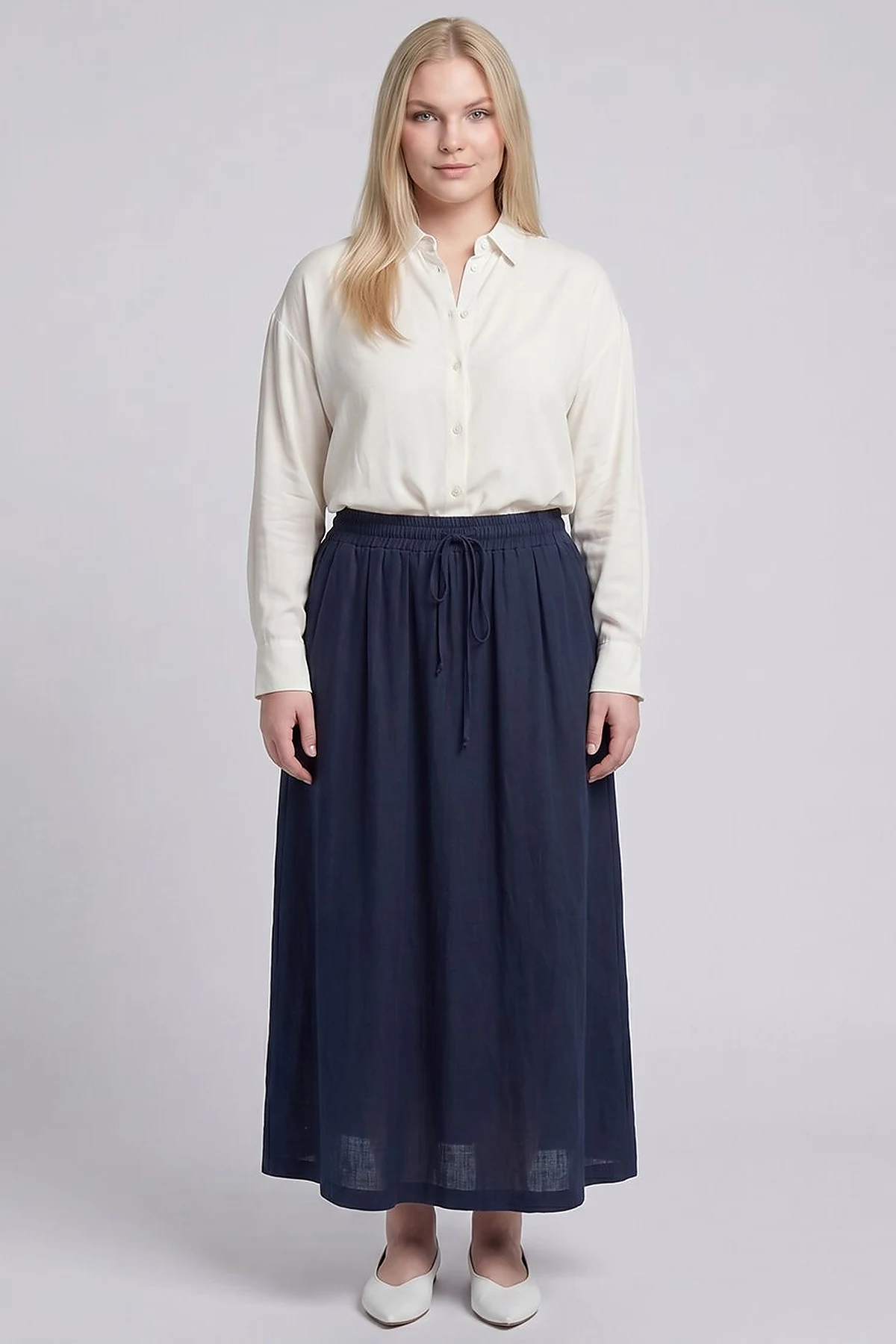 High-Waist Linen-Lyocell Skirt Dark Navy Blue