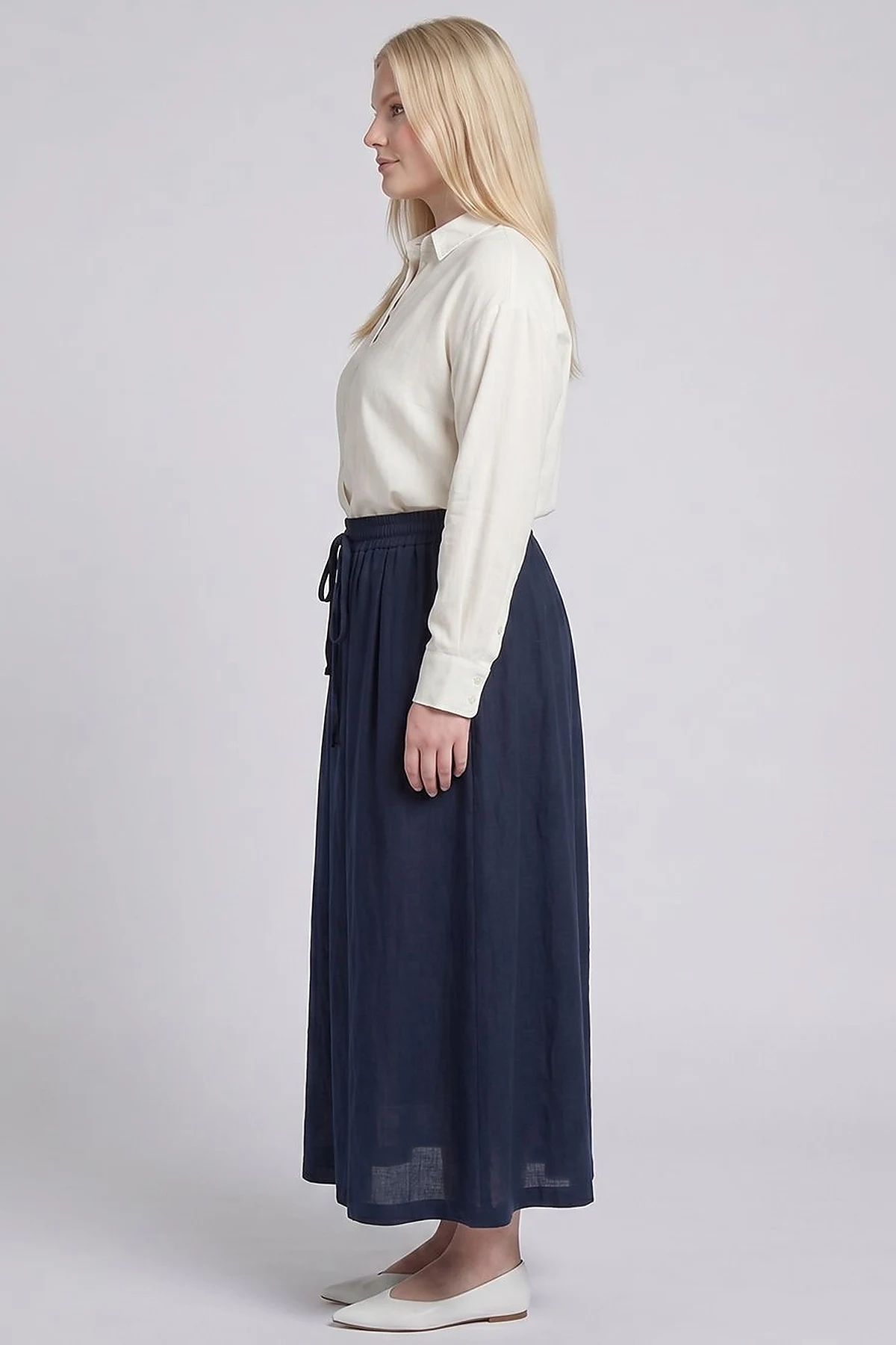 High-Waist Linen-Lyocell Skirt Dark Navy Blue