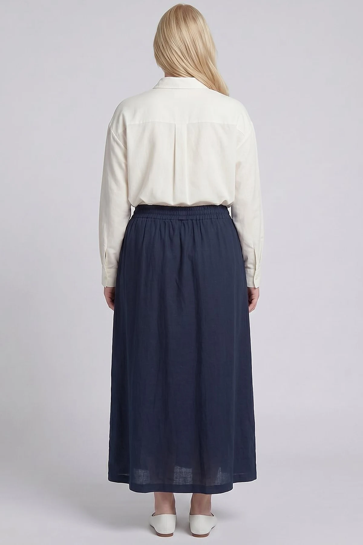 High-Waist Linen-Lyocell Skirt Dark Navy Blue