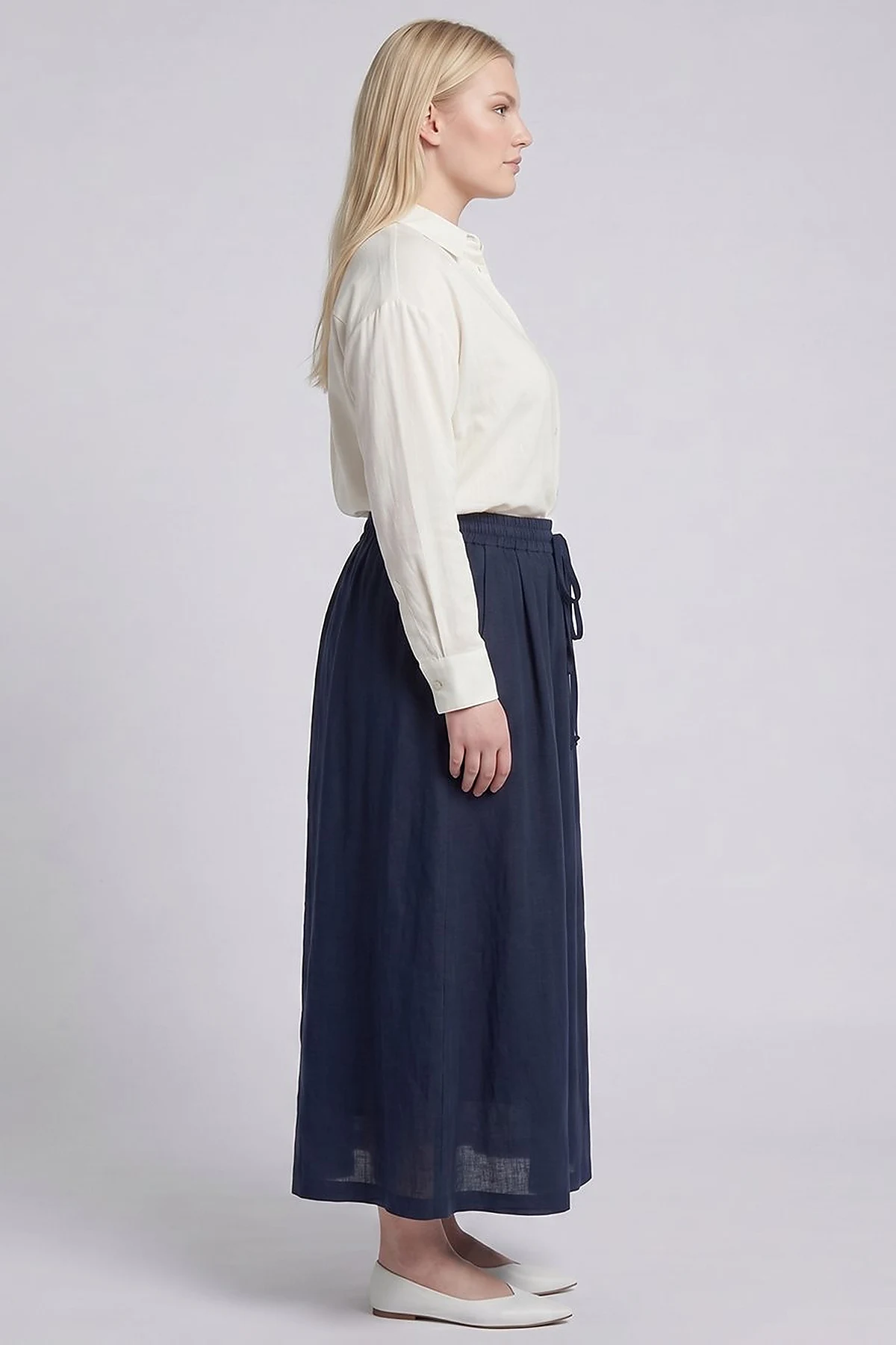 High-Waist Linen-Lyocell Skirt Dark Navy Blue