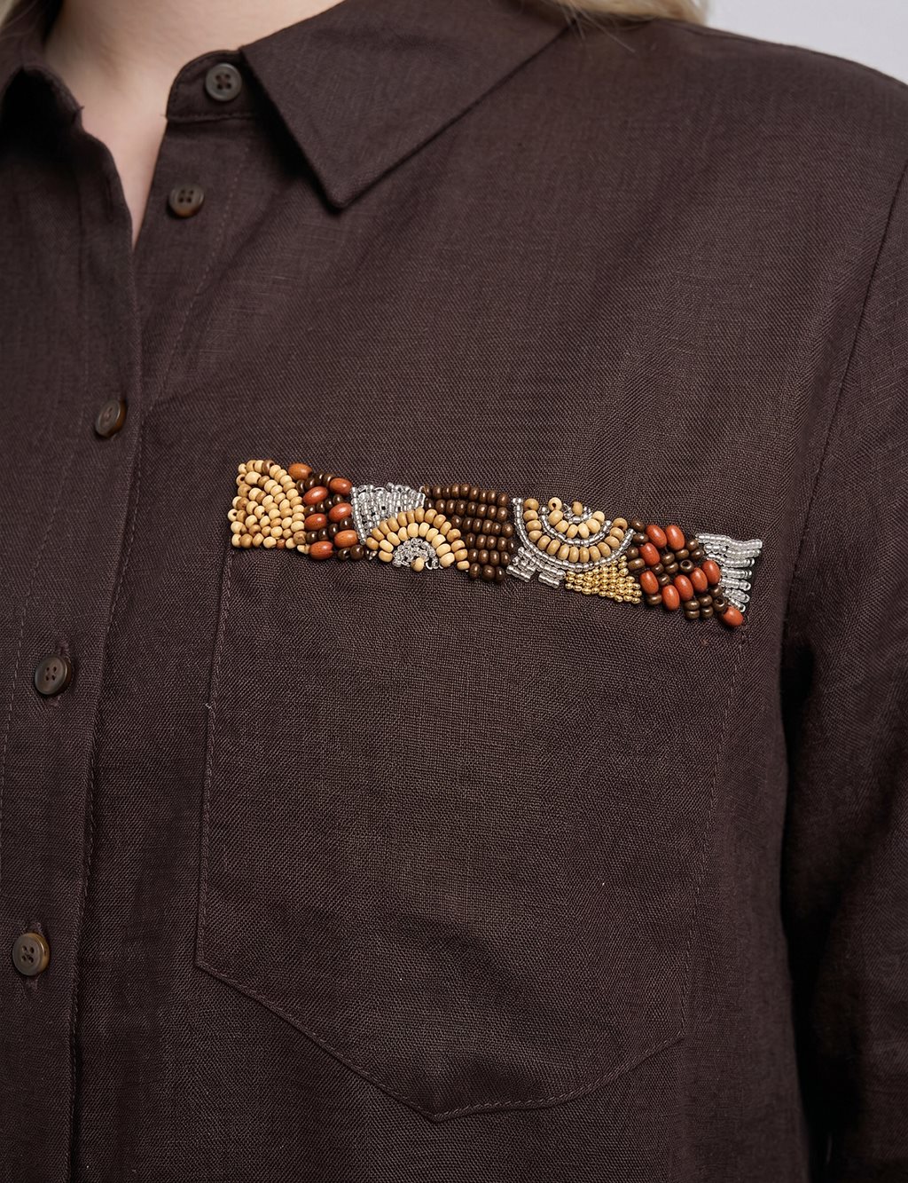 Embroidered Detail Linen-Lyocell Tunic Dark Brown
