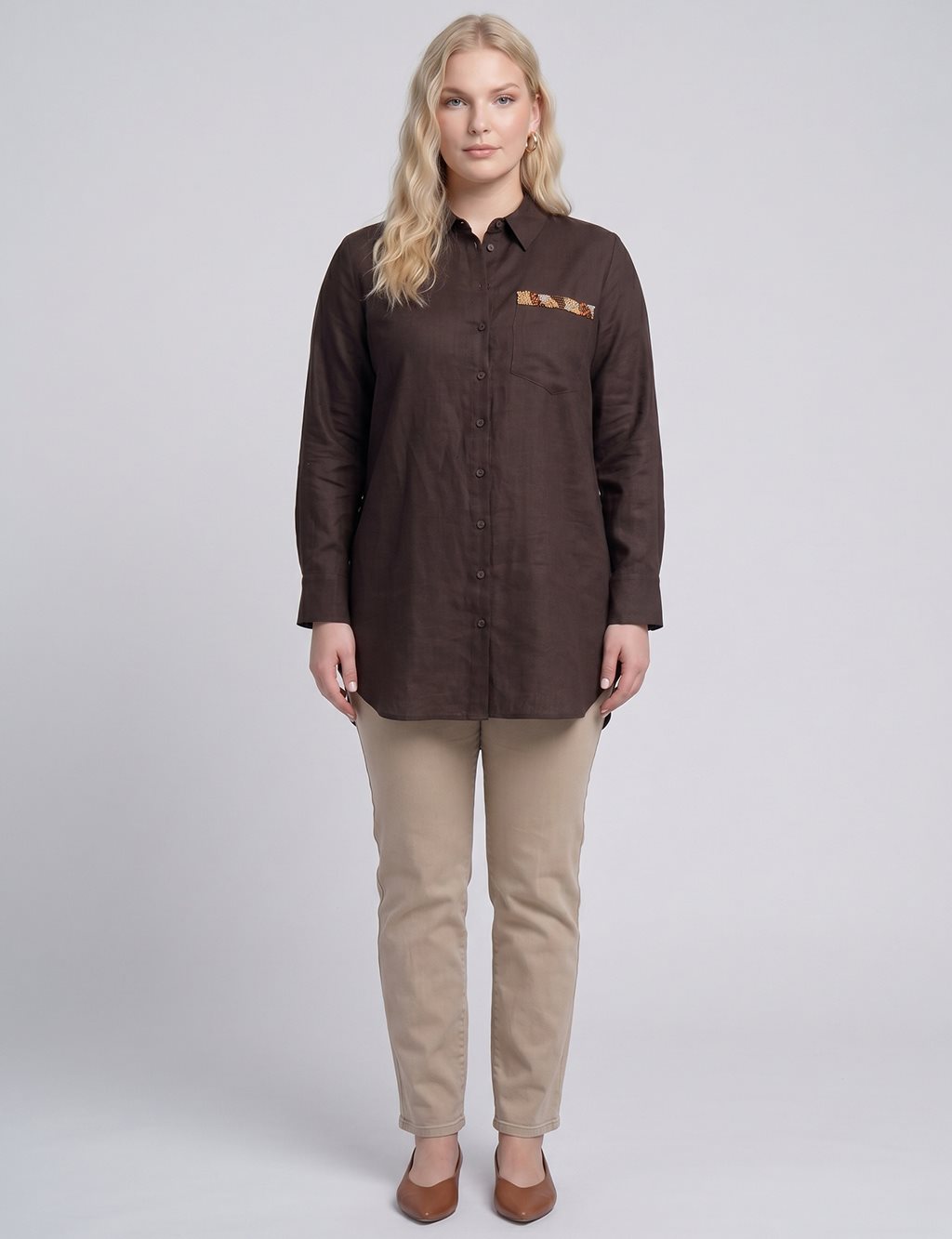 Embroidered Detail Linen-Lyocell Tunic Dark Brown