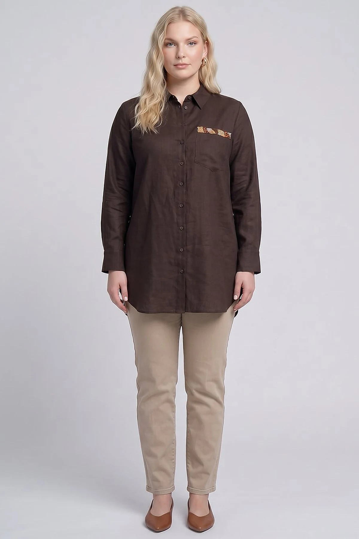 Beaded Linen Lyocell Tunic Dark Brown